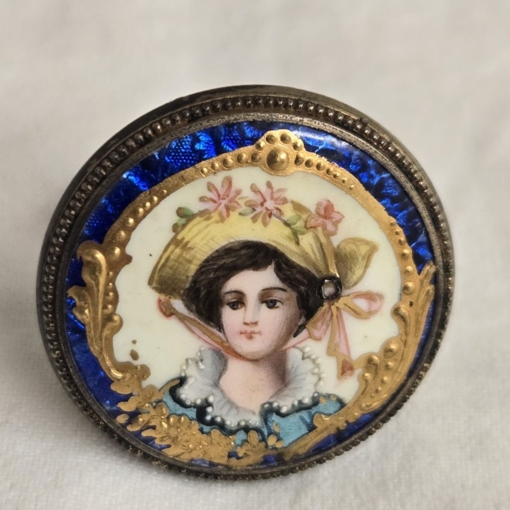 Vintage Enamel Portrait Brooch with Blue and Gold Accents